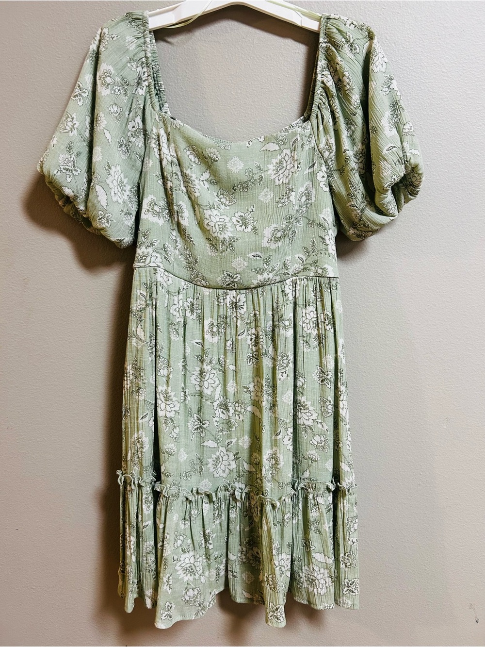 Blu Pepper Dress Womens M Sage Green Floral Puff Sleeve Tiered Cottagecore Mini